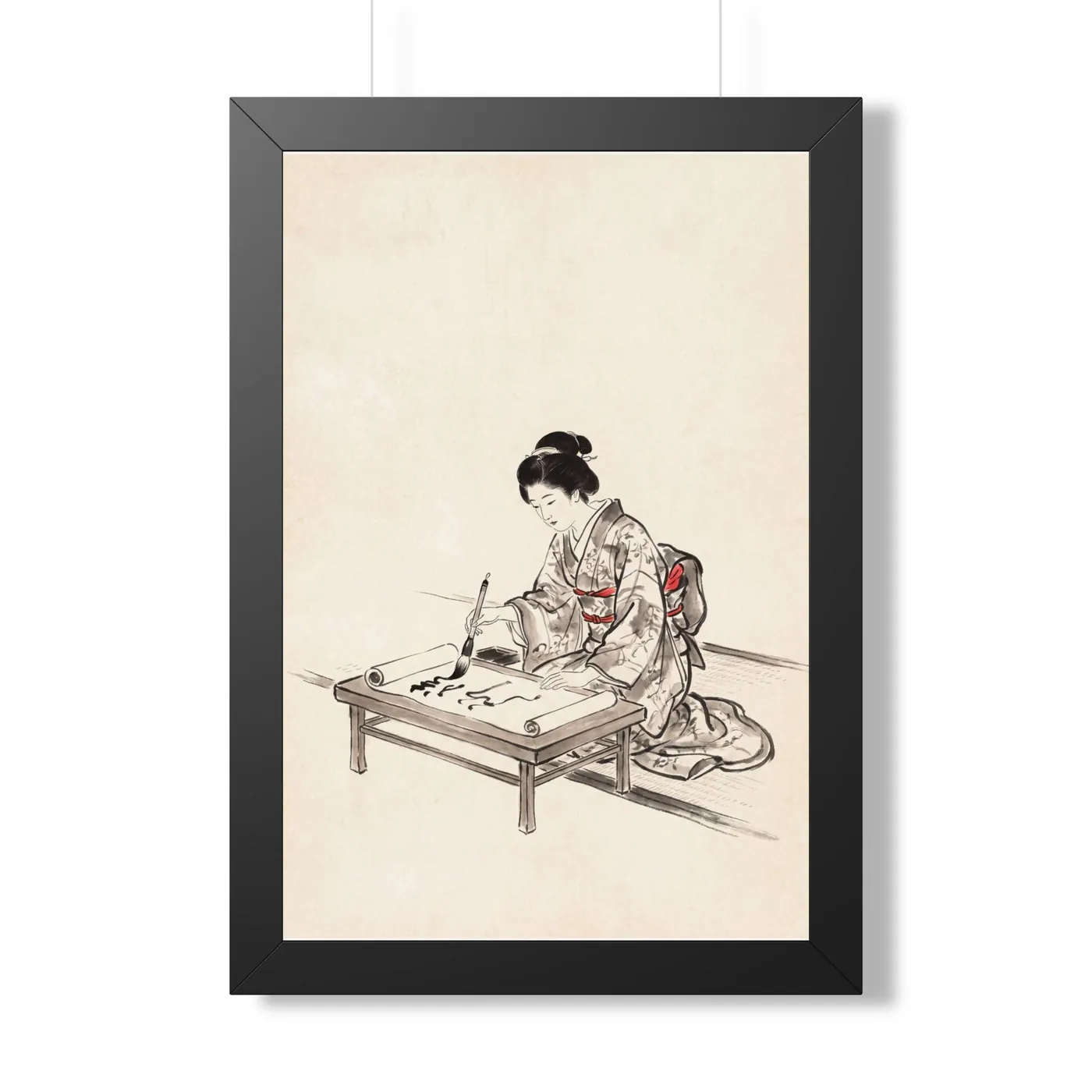 Framed Japanese Wall Art | Woman Calligraphy Sumi-e Ink Print | Black and White Zen Decor | A1 Ready Poster Print