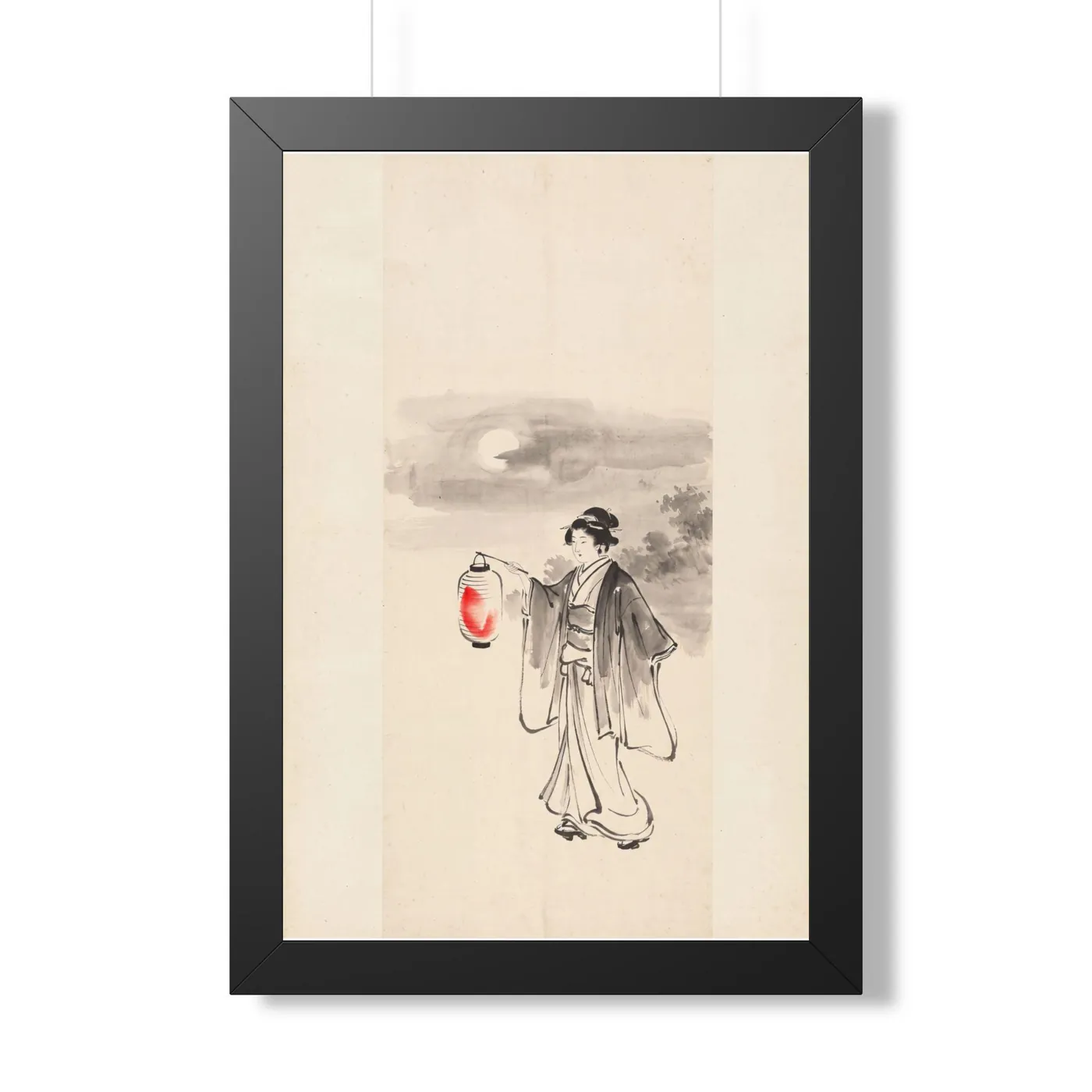 Framed Japanese Wall Art | Woman Lantern Night Sumi-e Ink Print | Black and White Zen Decor | A1 Ready Poster Print