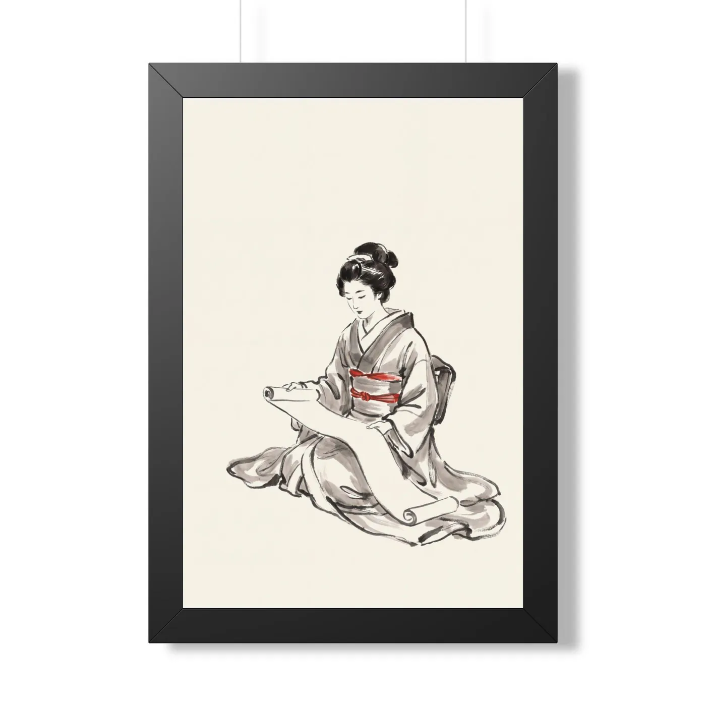 Framed Japanese Wall Art | Woman Reading Scroll Sumi-e Ink Print | Black and White Zen Decor | A1 Ready Poster Print