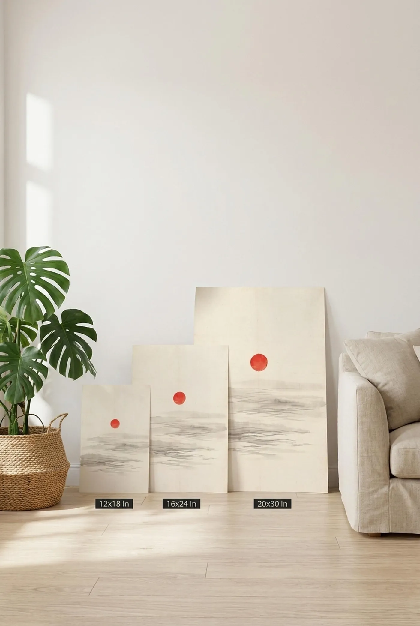 Japanese Landscape Art | Calm Sea Wave Sumi-e Ink Print | Black and White Zen Decor | A1 Ready Poster Print