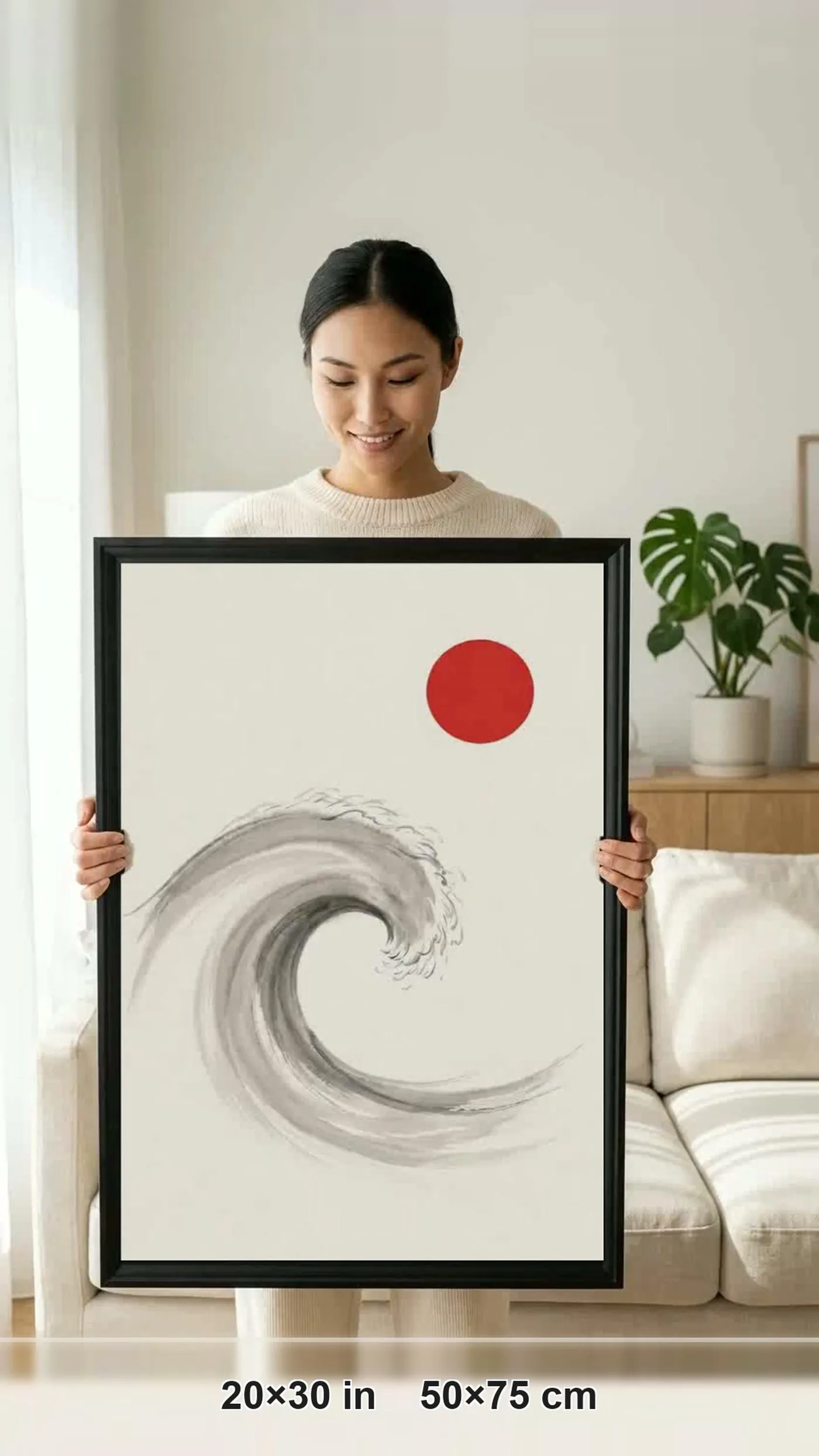 Framed Japanese Wall Art | Wave Curl Sumi-e Ink Print | Black and White Zen Decor | A1 Ready Poster Print