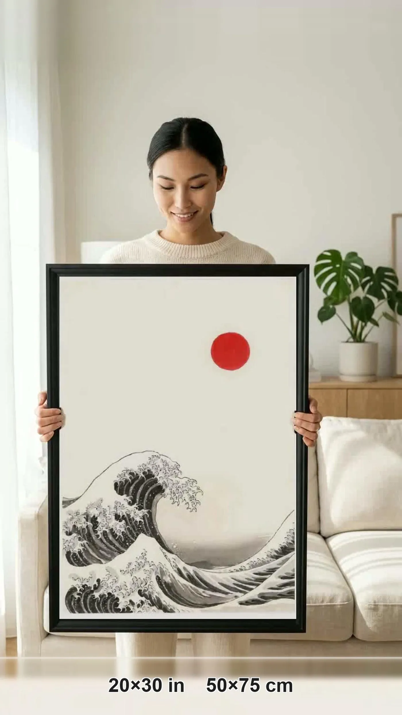 Framed Japanese Wall Art | Wave Seafoam Sumi-e Ink Print | Black and White Zen Decor | A1 Ready Poster Print