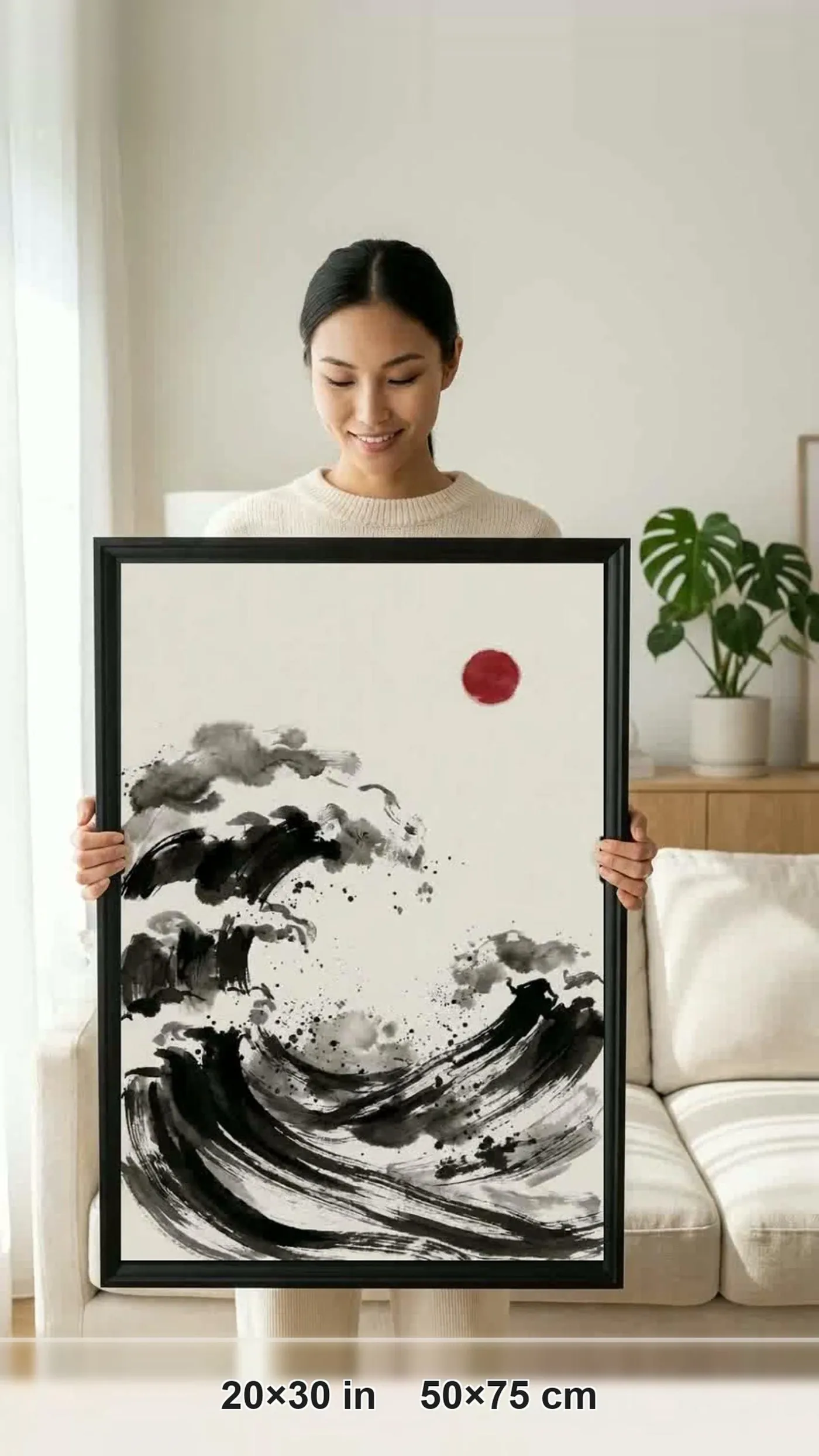 Framed Japanese Wall Art | Wave Storm Sumi-e Ink Print | Black and White Zen Decor | A1 Ready Poster Print