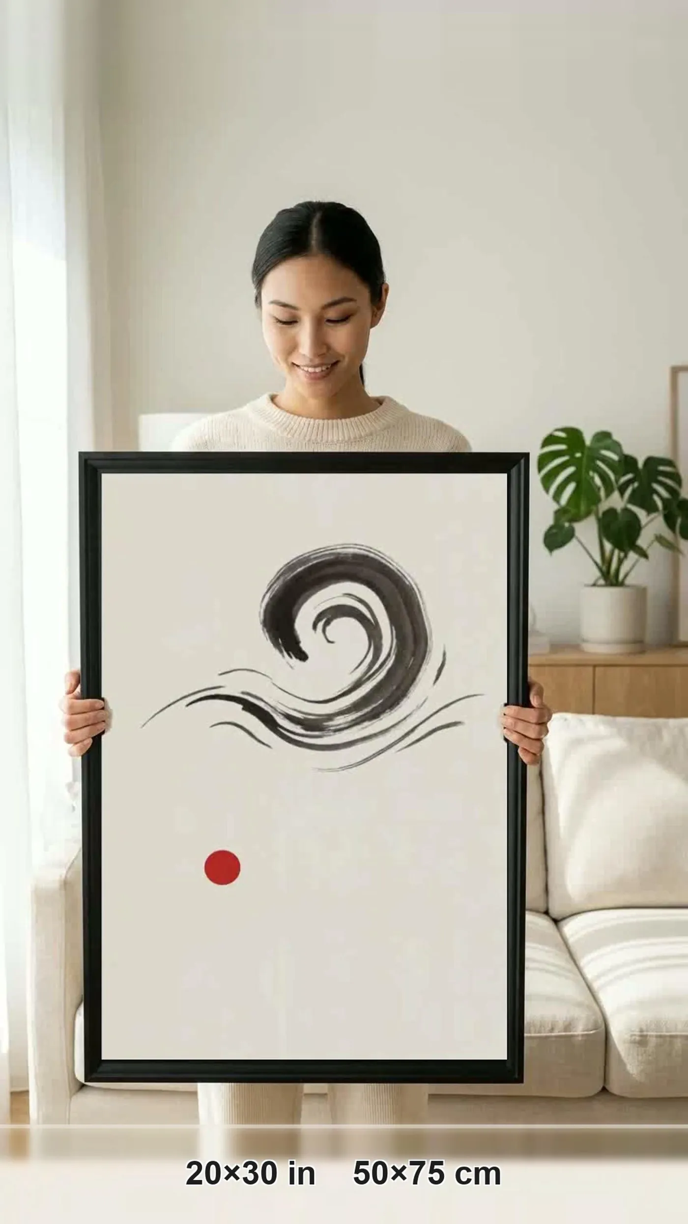 Framed Japanese Wall Art | Wave Sumi-e Ink Print | Black and White Zen Decor | A1 Ready Poster Print | Living Room Decor