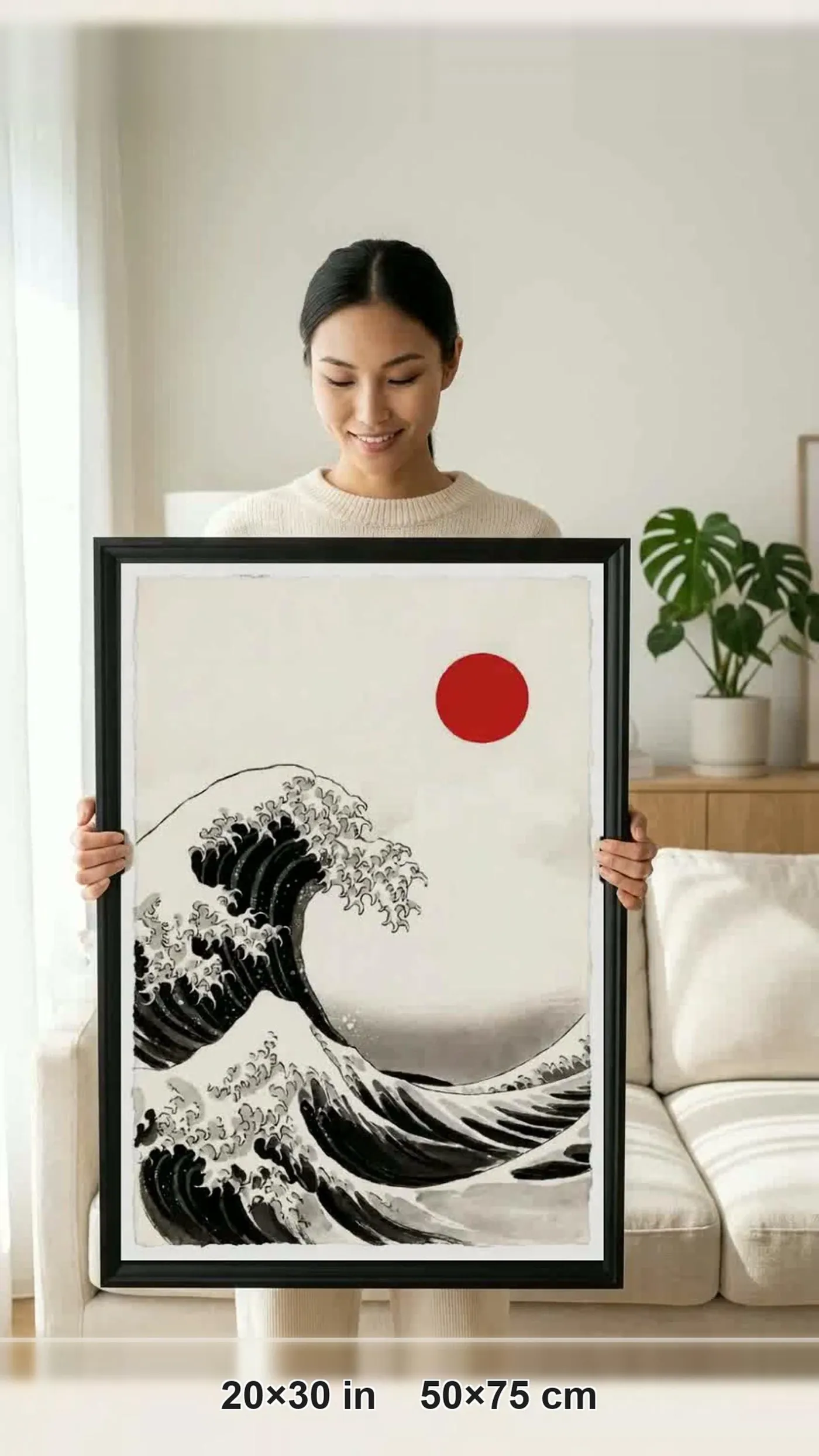 Framed Japanese Wall Art | Serene Wave Sumi-e Ink Print | Black and White Zen Decor | A1 Ready Poster Print