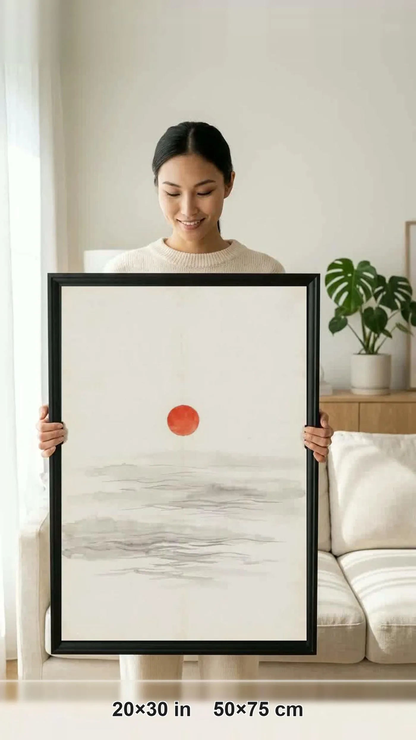 Framed Japanese Wall Art | Wave Calm Sea Sumi-e Ink Print | Black and White Zen Decor | A1 Ready Poster Print