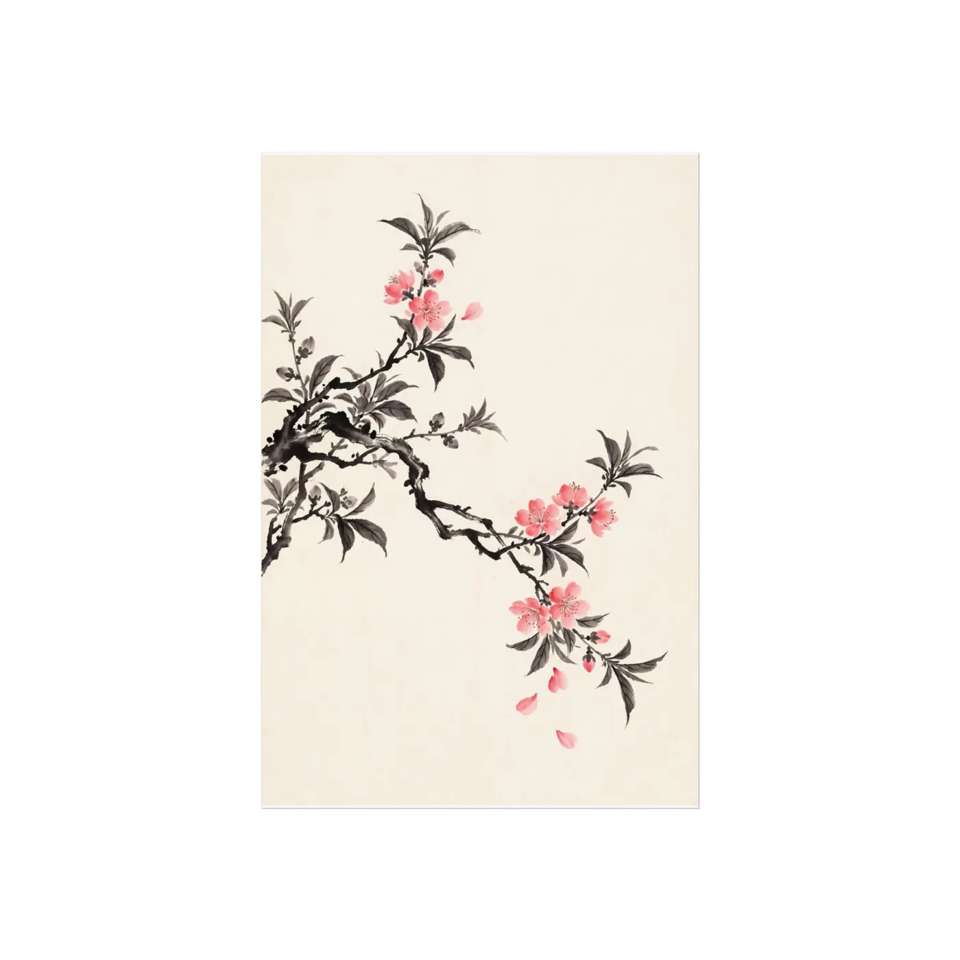 Chinese Wall Art | Peach Blossom Sumi-e Ink Print | Black and White Ink Decor | A1 Ready Poster Print | Living Room Decor