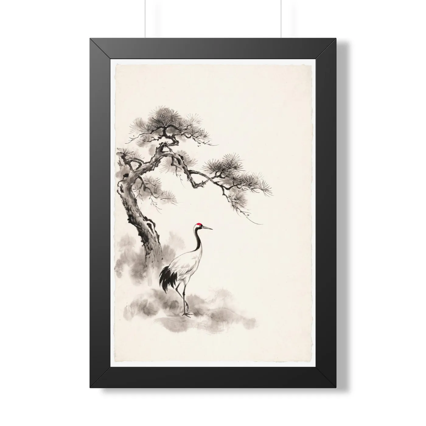 Framed Chinese Wall Art | Crane Red Sumi-e Ink Print | Black and White Ink Decor | A1 Ready Poster Print | Living Room Decor