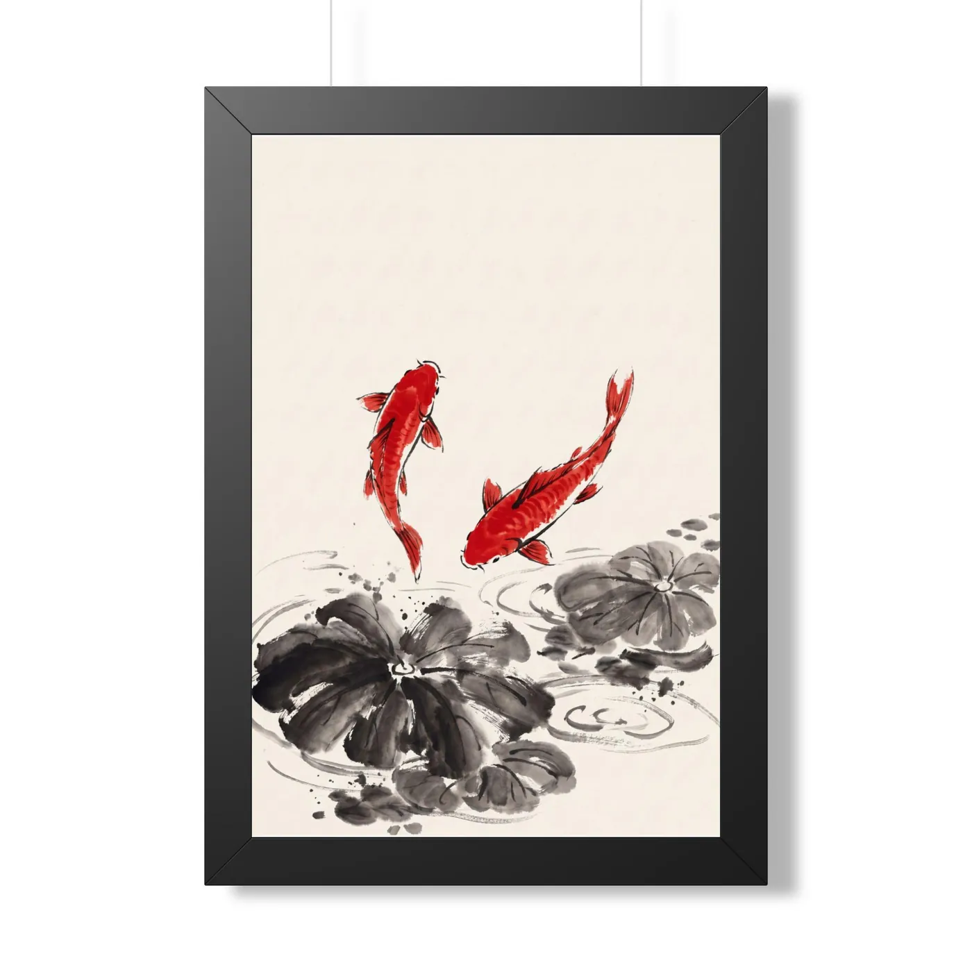 Framed Chinese Wall Art | Koi Red Sumi-e Ink Print | Black and White Ink Decor | A1 Ready Poster Print | Living Room Decor