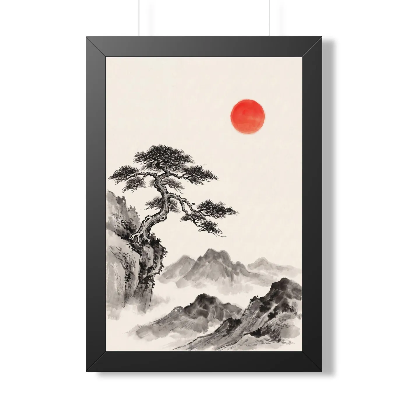 Framed Chinese Wall Art | Pine Sun Sumi-e Ink Print | Black and White Ink Decor | A1 Ready Poster Print | Living Room Decor