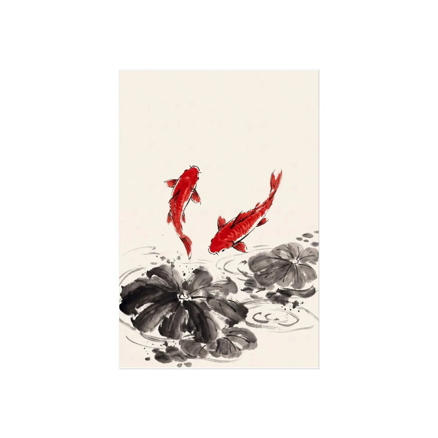 Chinese Wall Art | Koi Red Sumi-e Ink Print | Black and White Ink Decor | A1 Ready Poster Print | Living Room Decor