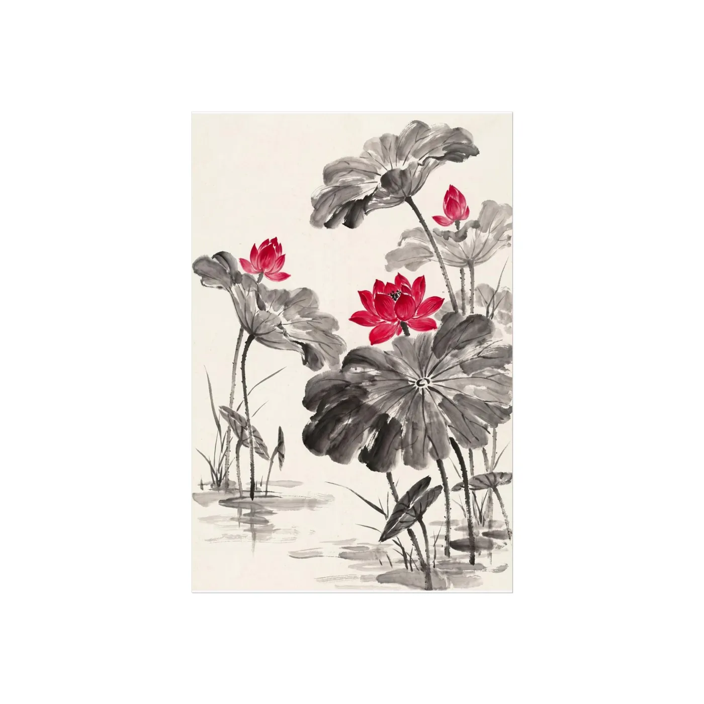 Chinese Wall Art | Red Lotus Sumi-e Ink Print | Black and White Ink Decor | A1 Ready Poster Print | Living Room Decor