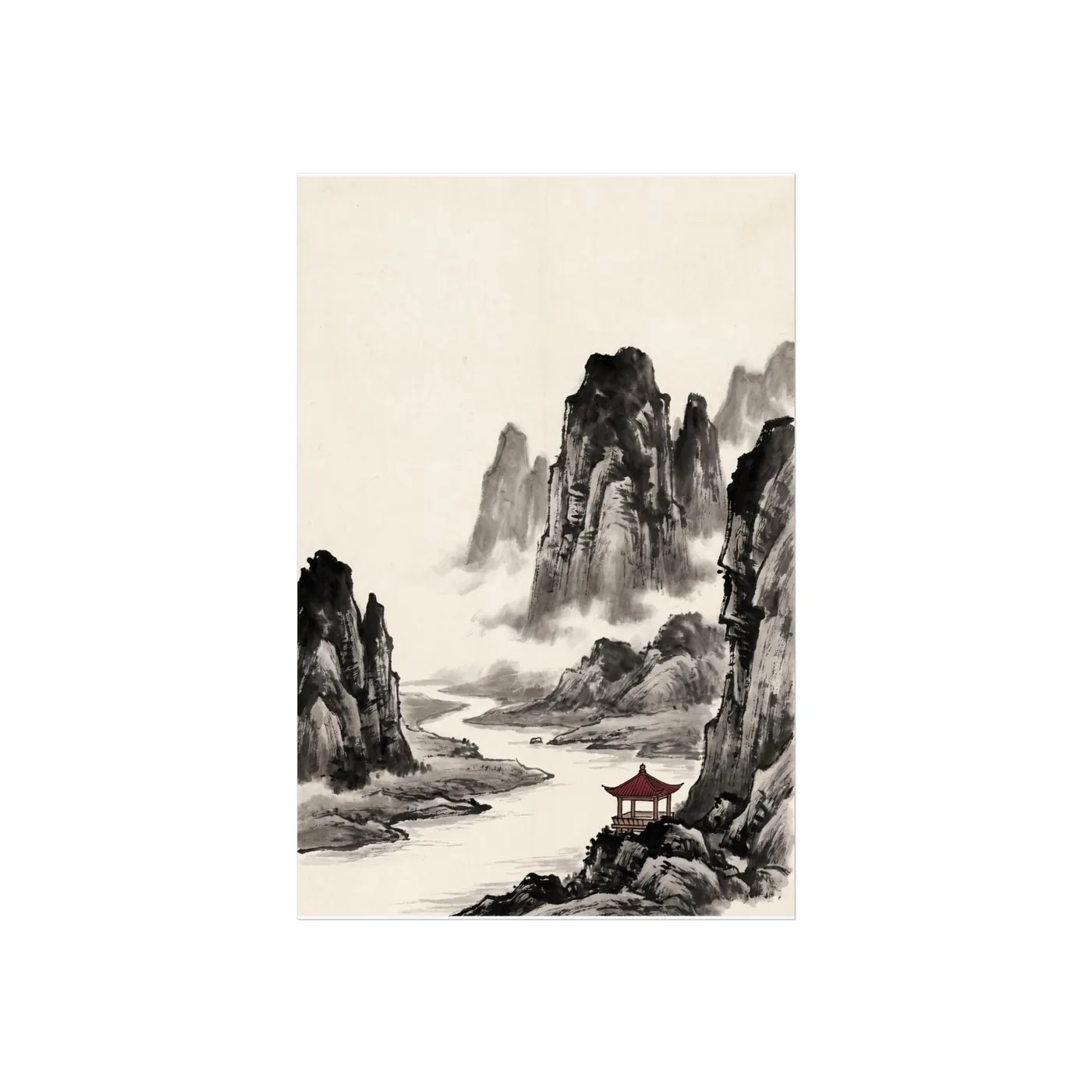 Chinese Landscape Art | Shanshui Pavilion Sumi-e Ink Print | Black and White Ink Decor | A1 Ready Poster Print