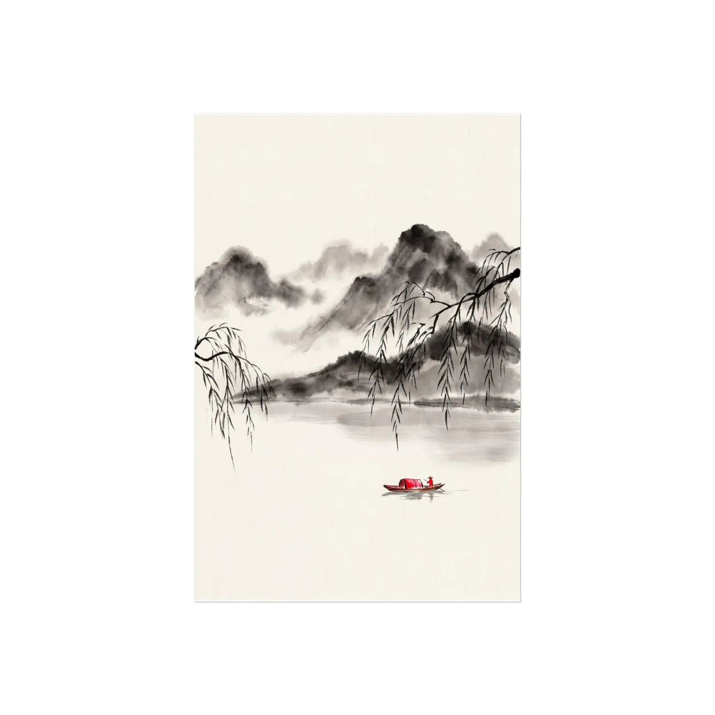 Chinese Landscape Art | Willow Boat Sumi-e Ink Print | Black and White Ink Decor | A1 Ready Poster Print | Living Room Decor