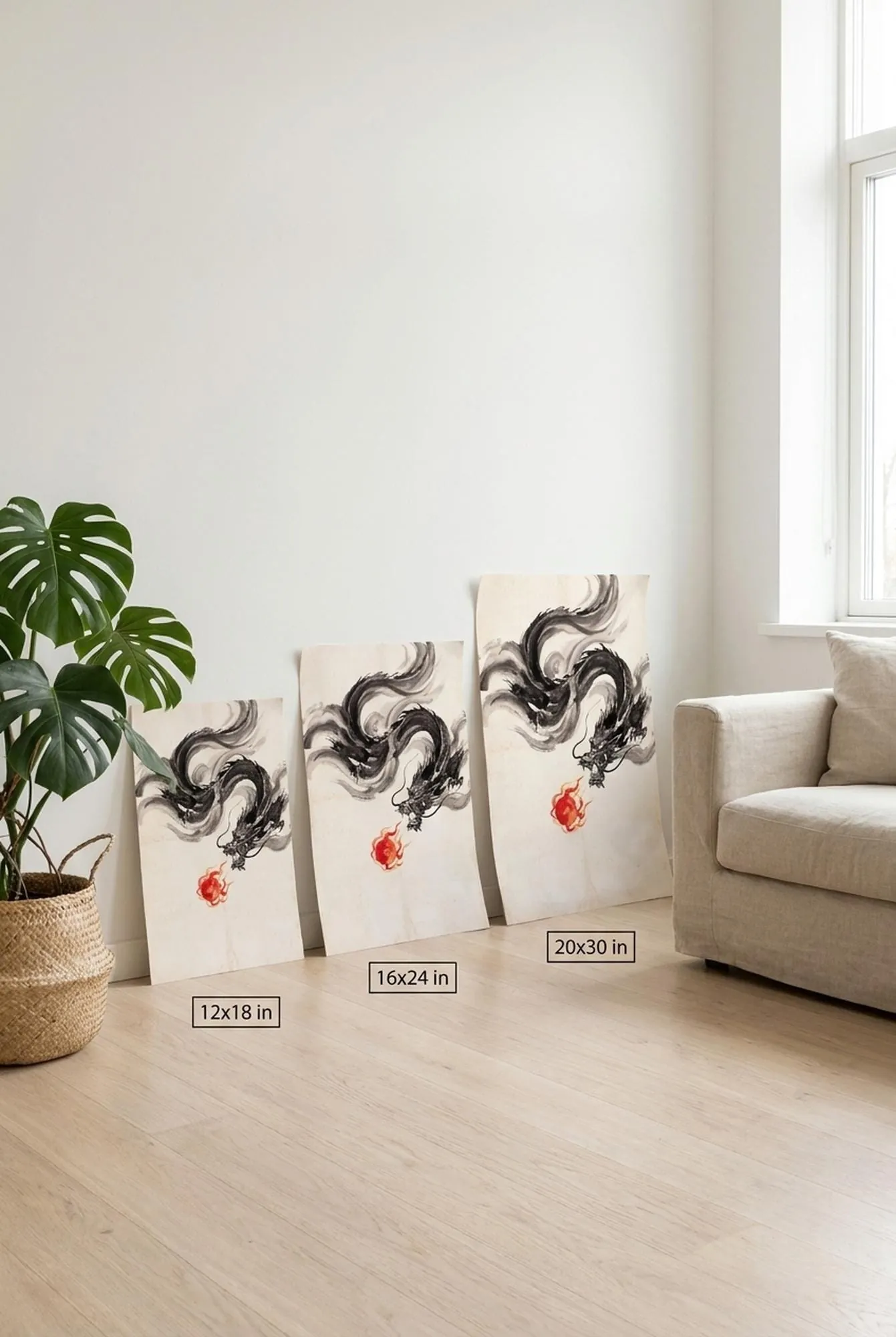 Chinese Dragon Wall Art | Pearl Sumi-e Ink Print | Black and White Ink Decor | A1 Ready Poster Print | Living Room Decor
