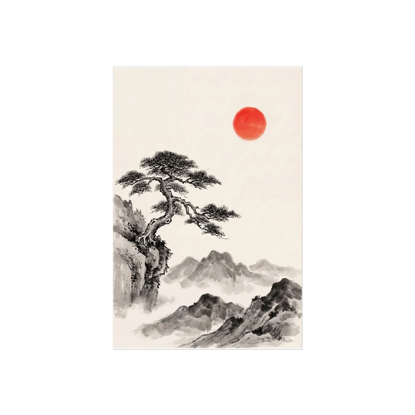Chinese Landscape Art | Pine Sun Sumi-e Ink Print | Black and White Ink Decor | A1 Ready Poster Print | Living Room Decor