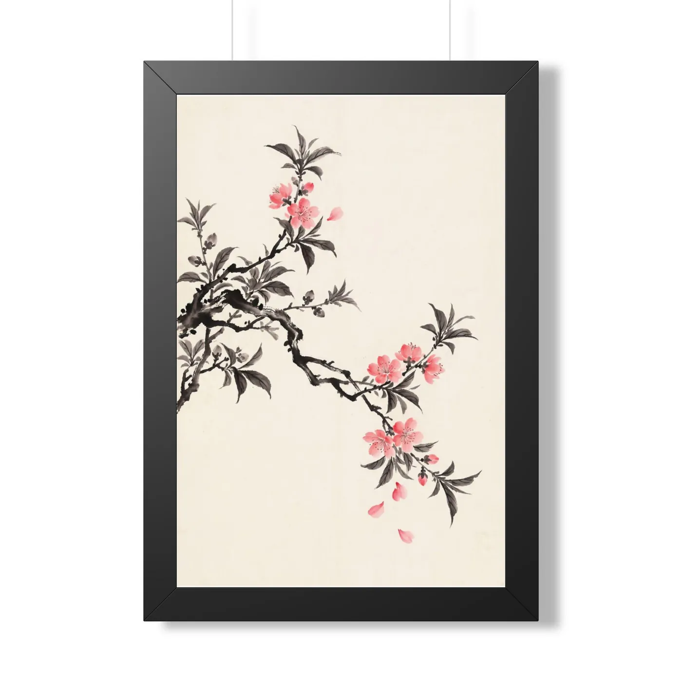 Framed Chinese Wall Art | Peach Blossom Sumi-e Ink Print | Black and White Ink Decor | A1 Ready Poster Print