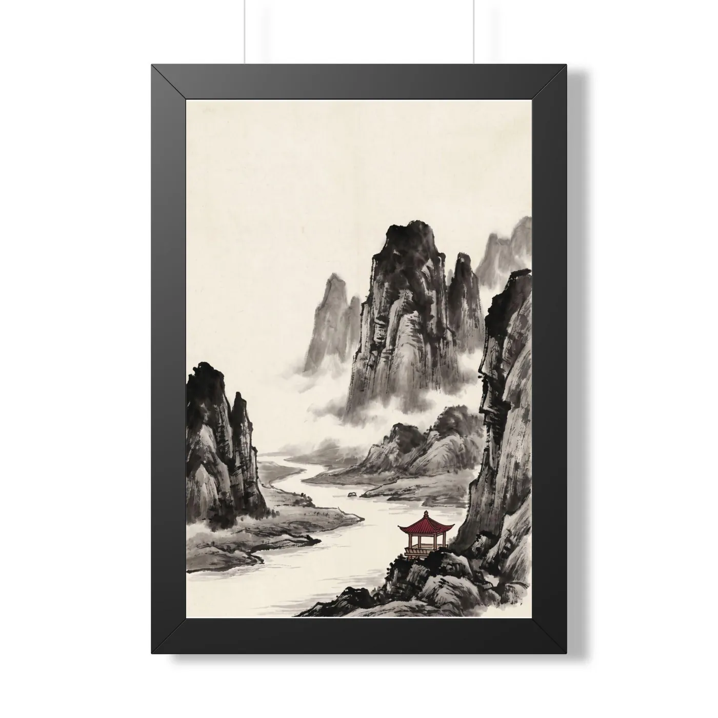 Framed Chinese Wall Art | Shanshui Landscape Pavilion Sumi-e Ink Print | Black and White Ink Decor | A1 Ready Poster Print