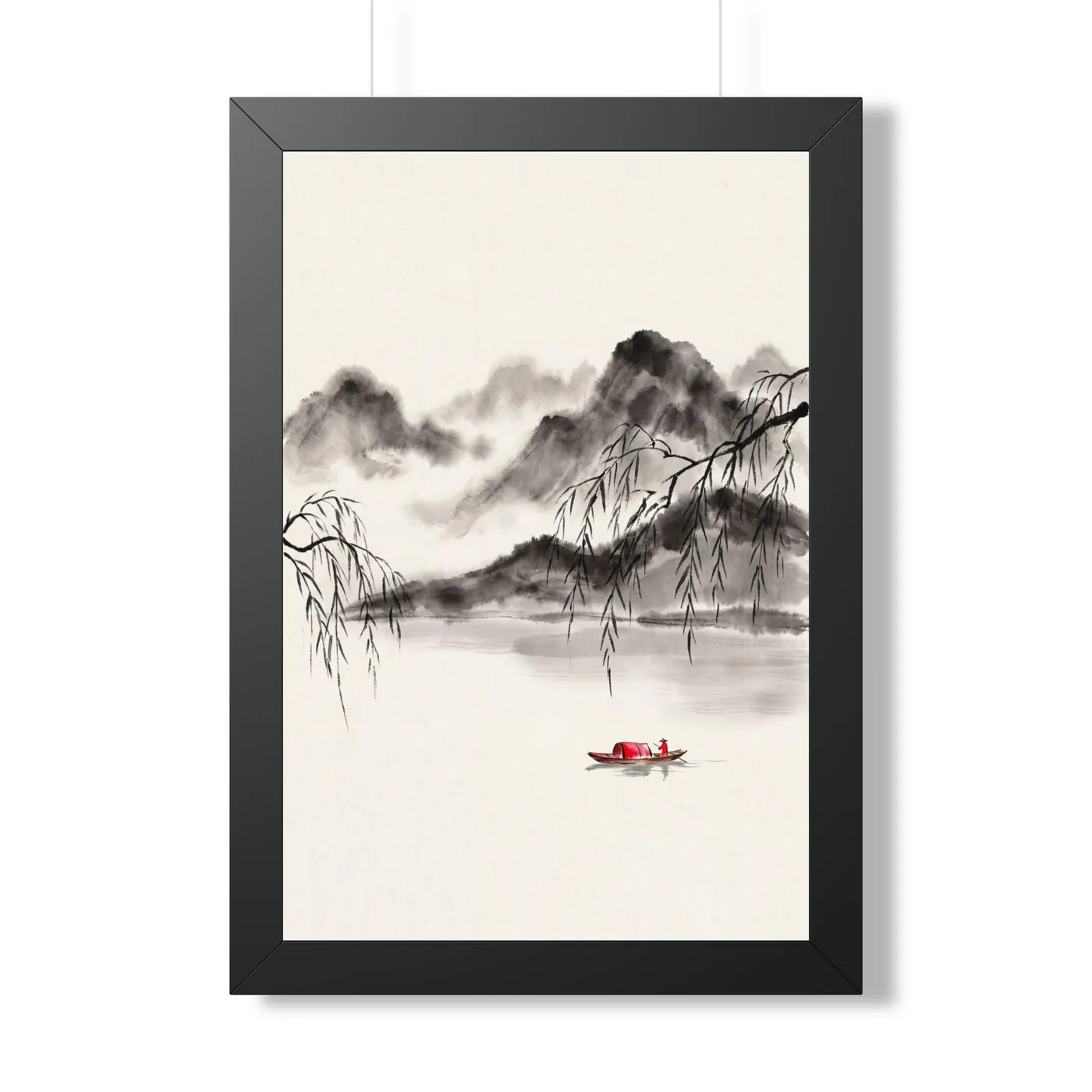 Framed Chinese Wall Art | Willow Boat Sumi-e Ink Print | Black and White Ink Decor | A1 Ready Poster Print