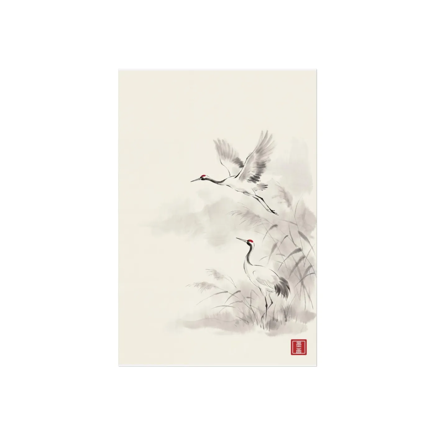 Japanese Wall Art | Crane Pair Sumi-e Ink Print | Black and White Zen Decor | A1 Ready Poster Print | Living Room Decor
