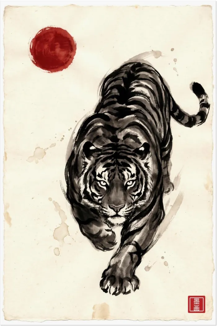 Japanese Wall Art | Tiger Prowl Sumi-e Ink Print | Black and White Zen Decor | A1 Ready Poster Print | Living Room Decor