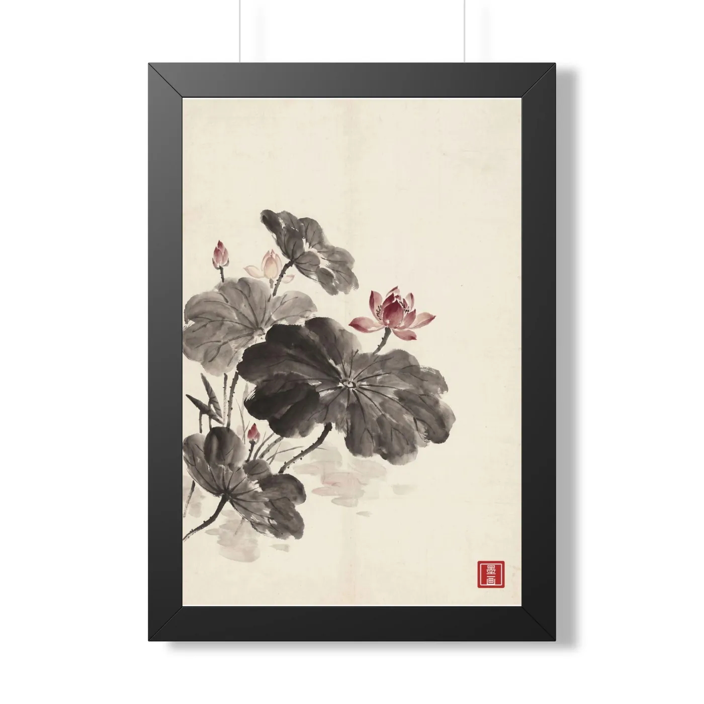 Framed Japanese Wall Art | Lotus Pond Sumi-e Ink Print | Black and White Zen Decor | A1 Ready Poster Print
