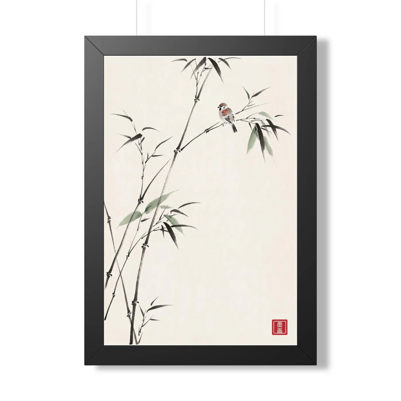 Framed Japanese Wall Art | Bamboo Sparrow Sumi-e Ink Print | Black and White Zen Decor | A1 Ready Poster Print