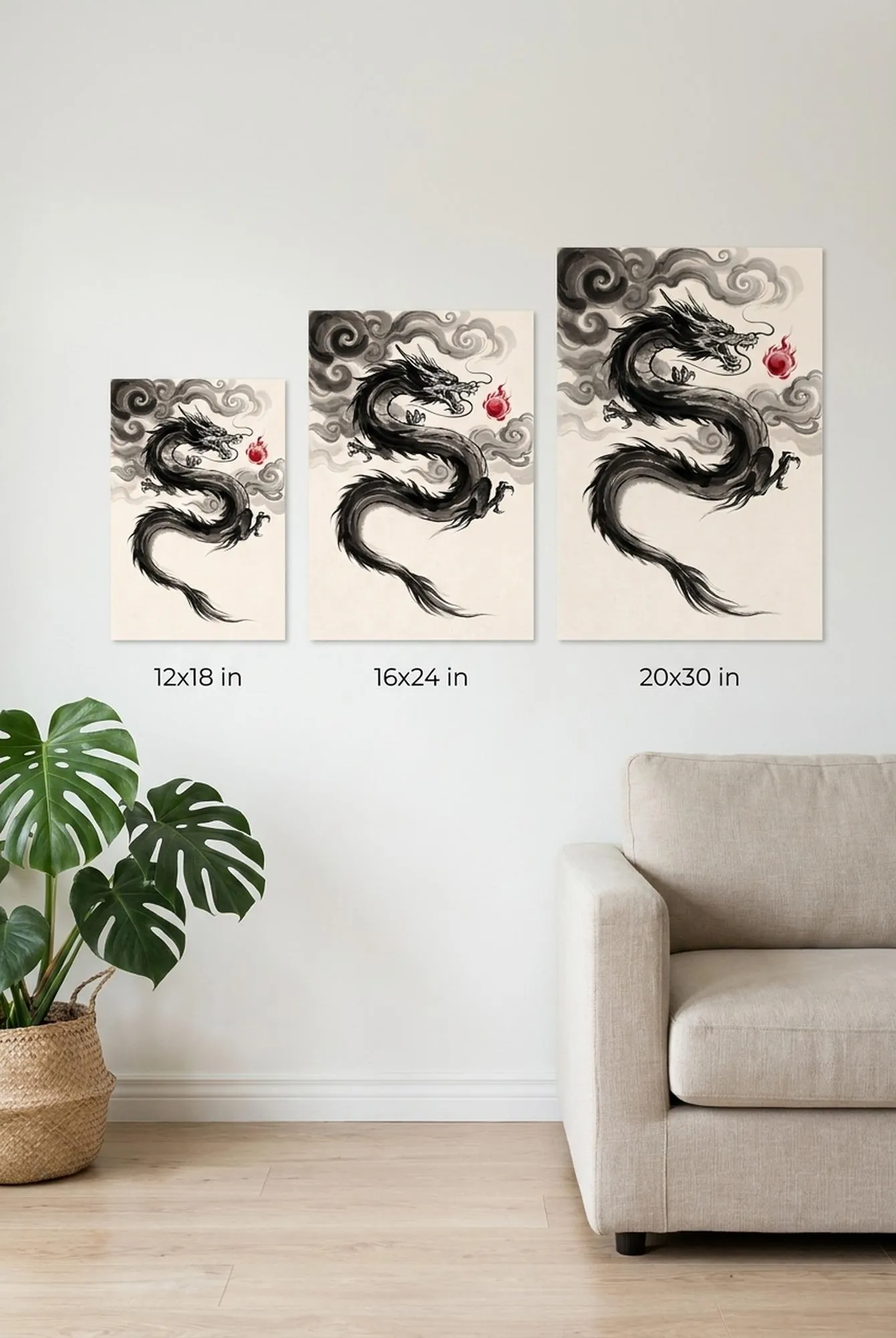 Japanese Dragon Wall Art | Clouds Sumi-e Ink Print | Black and White Zen Decor | A1 Ready Poster Print | Living Room Decor