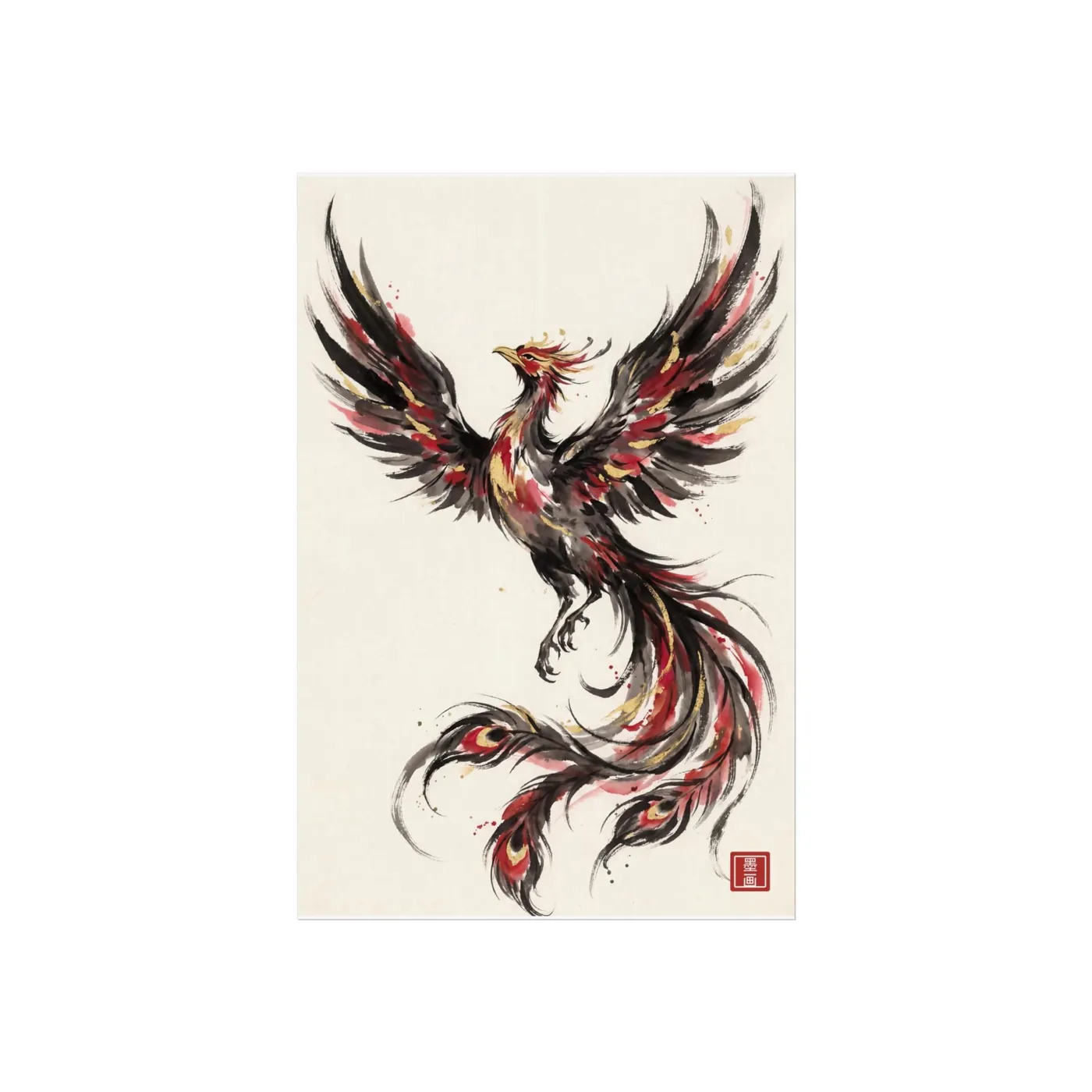 Japanese Wall Art | Phoenix Rising Sumi-e Ink Print | Black and White Zen Decor | A1 Ready Poster Print