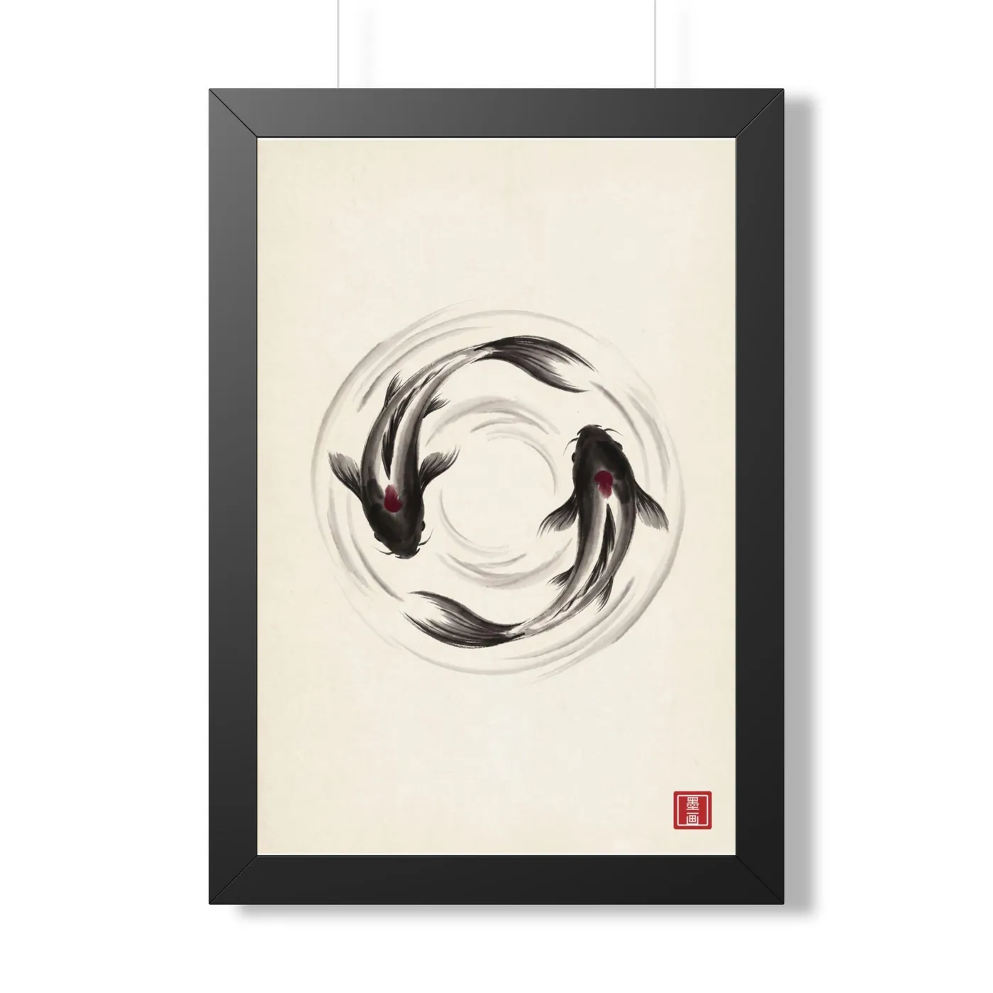 Framed Japanese Wall Art | Koi Pair Sumi-e Ink Print | Black and White Zen Decor | A1 Ready Poster Print | Living Room Decor