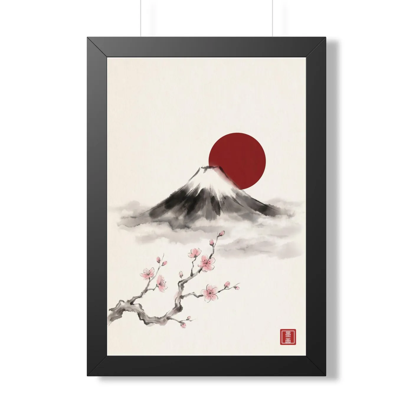 Framed Japanese Wall Art | Mount Fuji Sumi-e Ink Print | Black and White Zen Decor | A1 Ready Poster Print