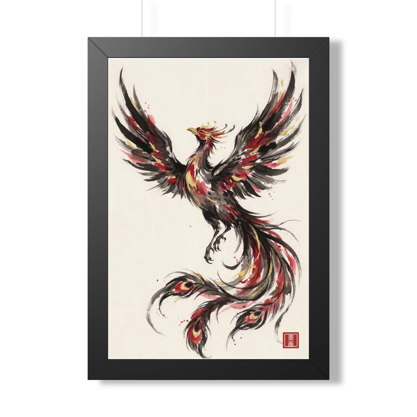Framed Japanese Wall Art | Phoenix Rising Sumi-e Ink Print | Black and White Zen Decor | A1 Ready Poster Print