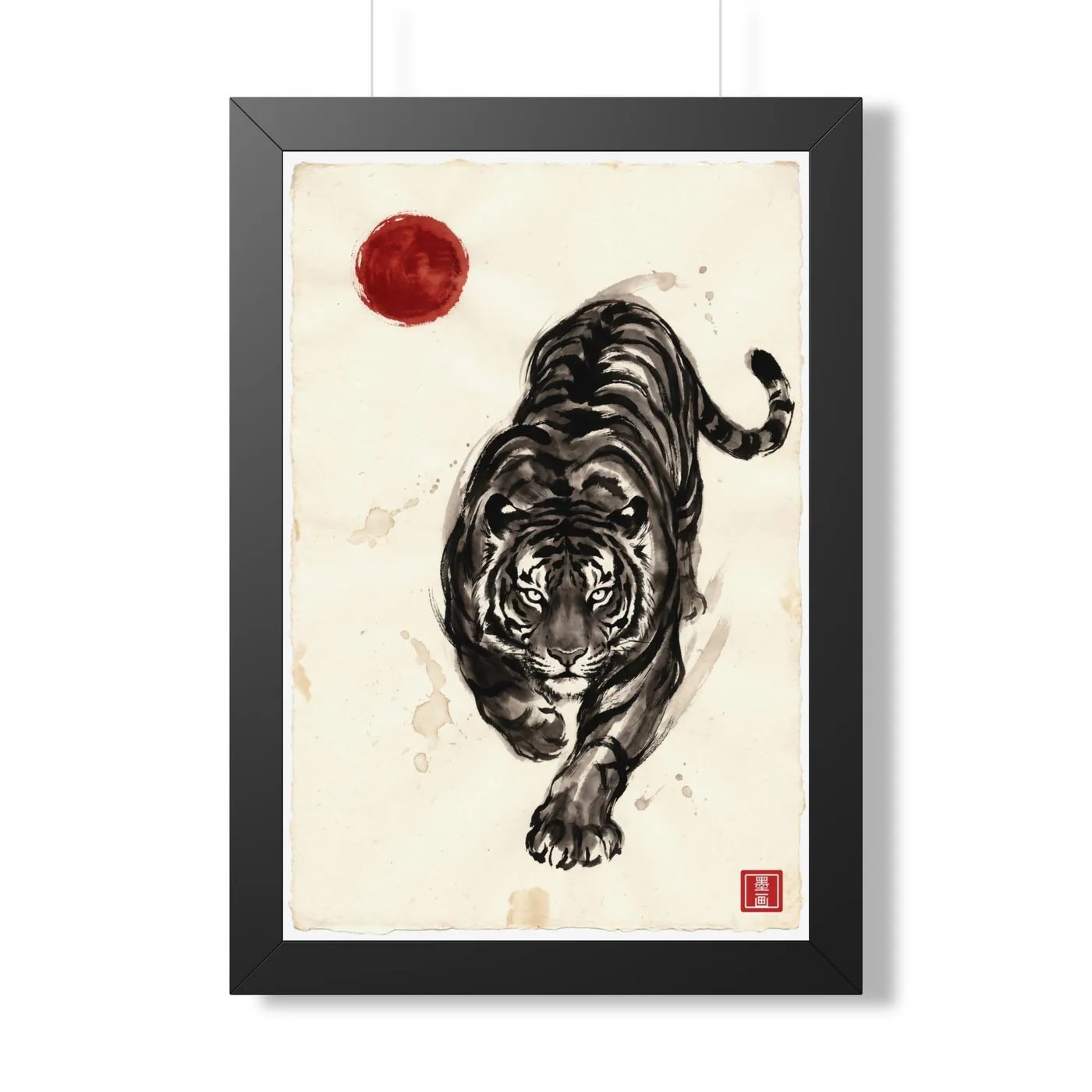 Framed Japanese Wall Art | Tiger Prowl Sumi-e Ink Print | Black and White Zen Decor | A1 Ready Poster Print