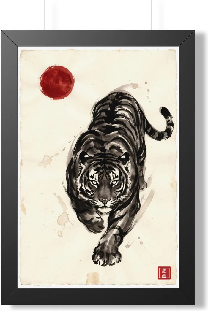 Framed Japanese Wall Art | Tiger Prowl Sumi-e Ink Print | Black and White Zen Decor | A1 Ready Poster Print