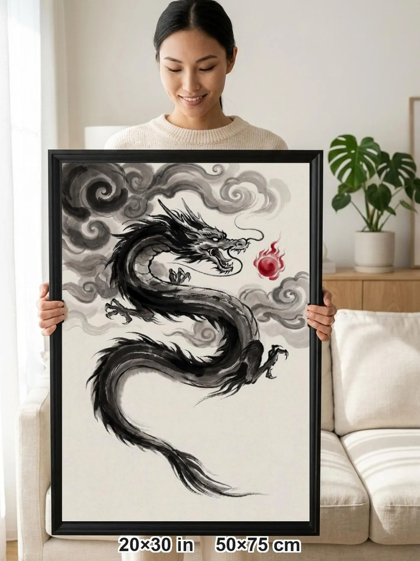 Framed Japanese Wall Art | Dragon Clouds Sumi-e Ink Print | Black and White Zen Decor | A1 Ready Poster Print