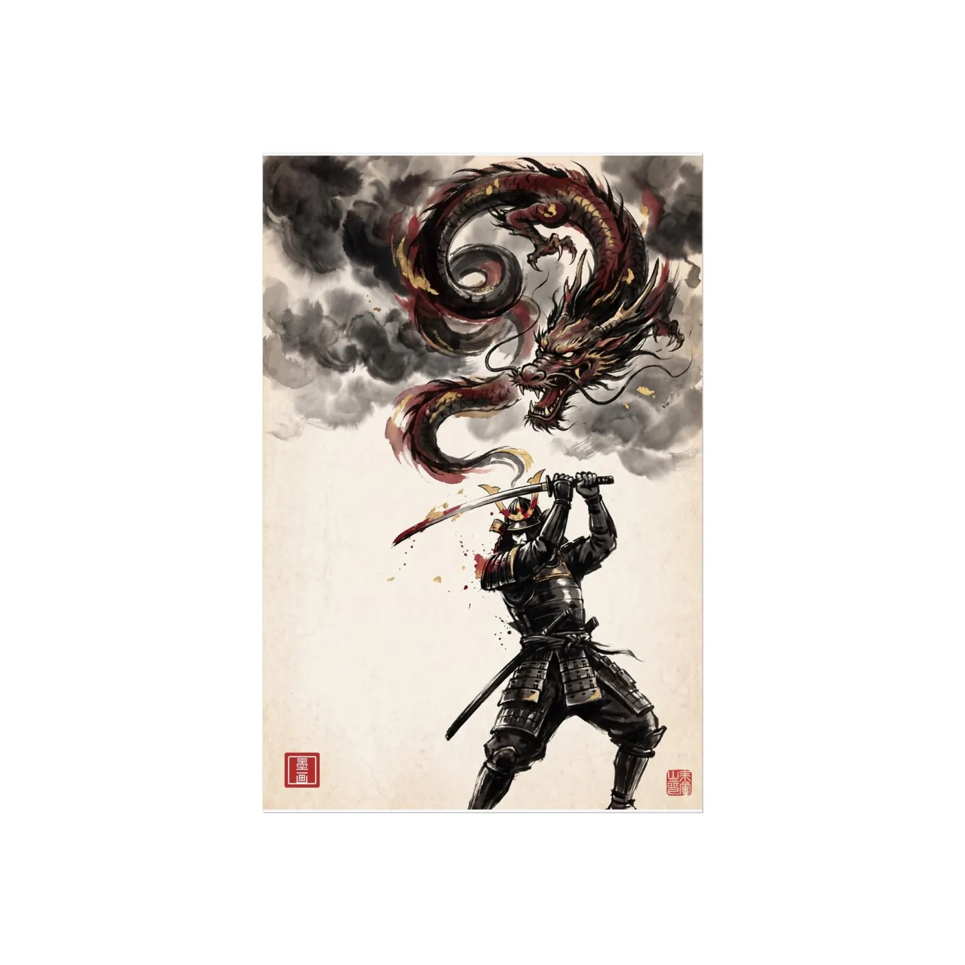 Japanese Wall Art | Samurai Sumi-e Ink Print | Black and White Zen Decor | A1 Ready Poster Print | Living Room Decor