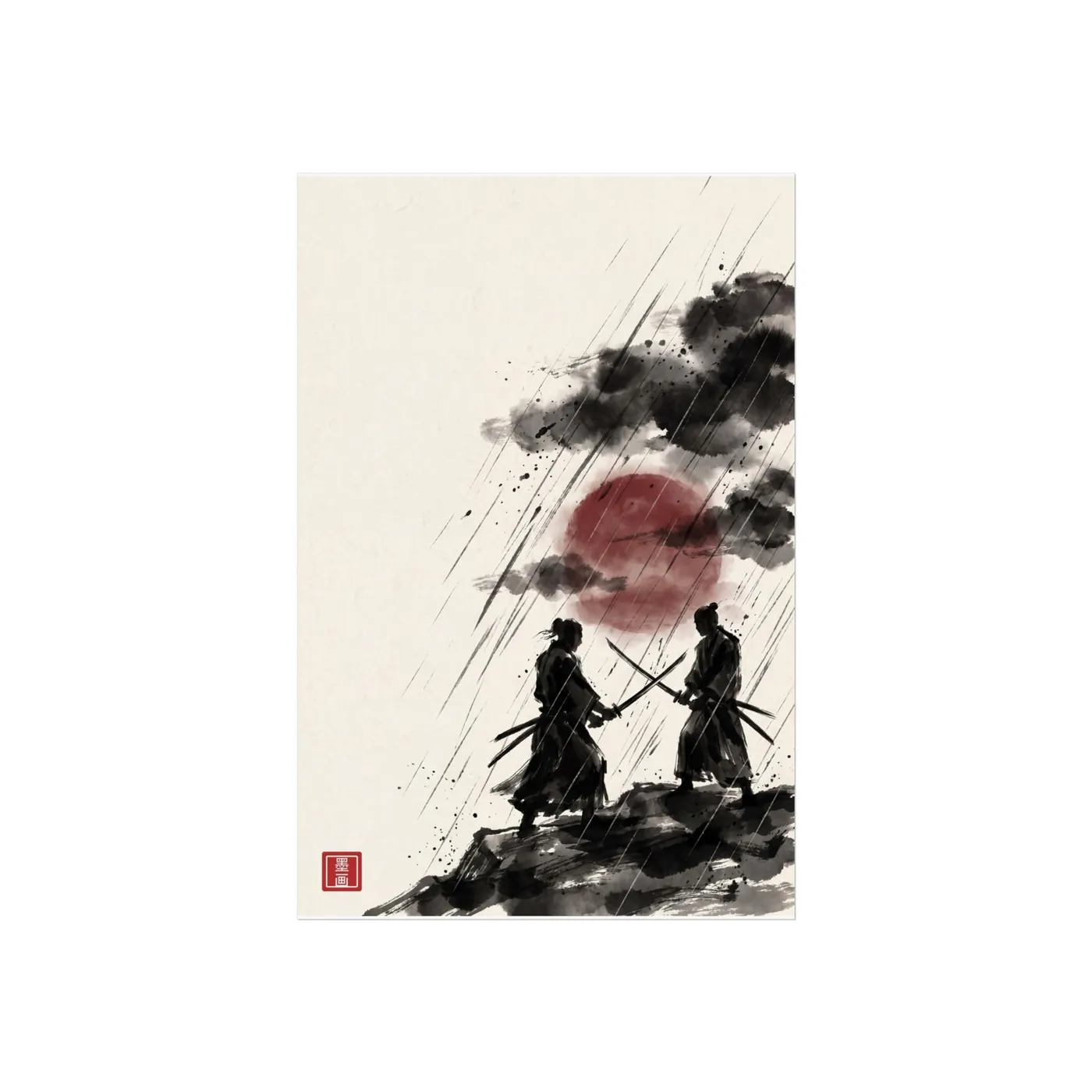 Samurai Wall Art | Rain Duel Sumi-e Ink Print | Black and White Zen Decor | A1 Ready Poster Print | Living Room Decor