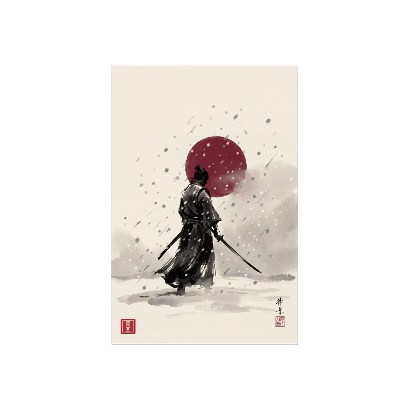 Samurai Wall Art | Snow Sumi-e Ink Print | Black and White Zen Decor | A1 Ready Poster Print | Living Room Decor