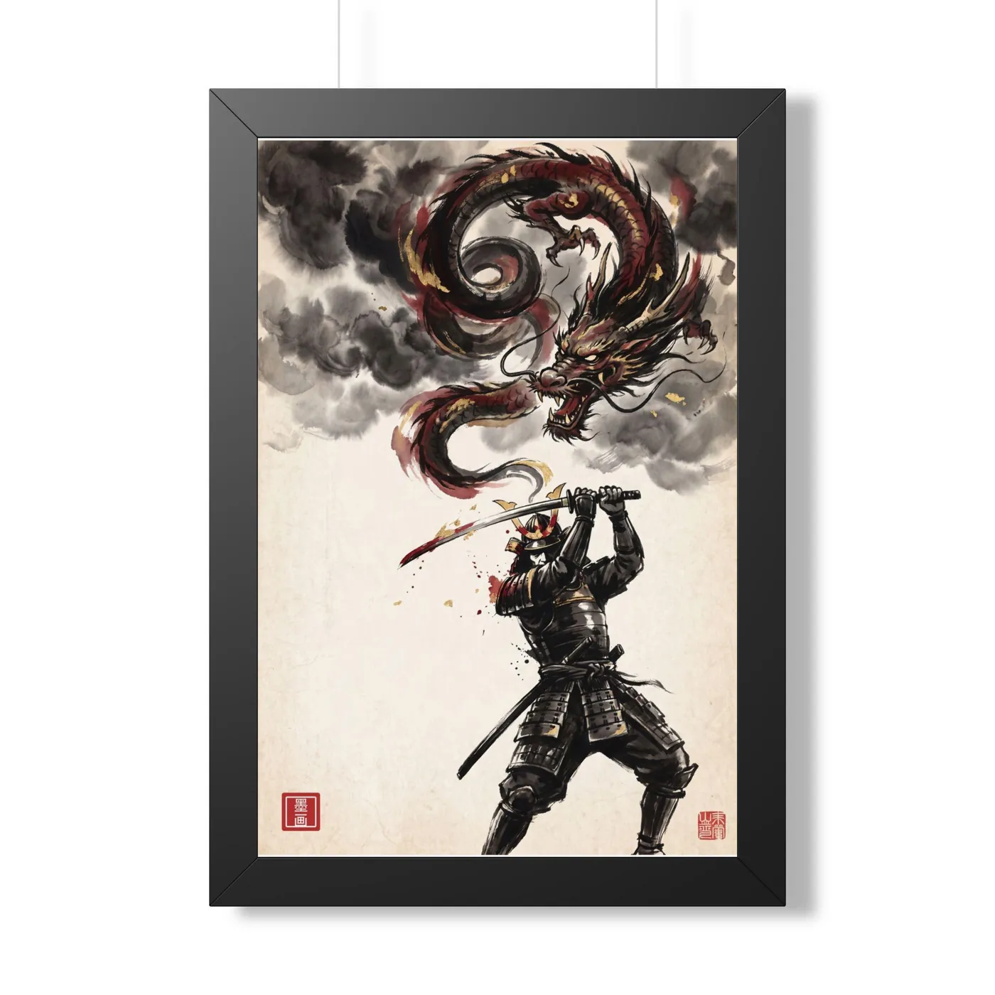Framed Japanese Wall Art | Samurai Dragon Sky Sumi-e Ink Print | Black and White Zen Decor | A1 Ready Poster Print
