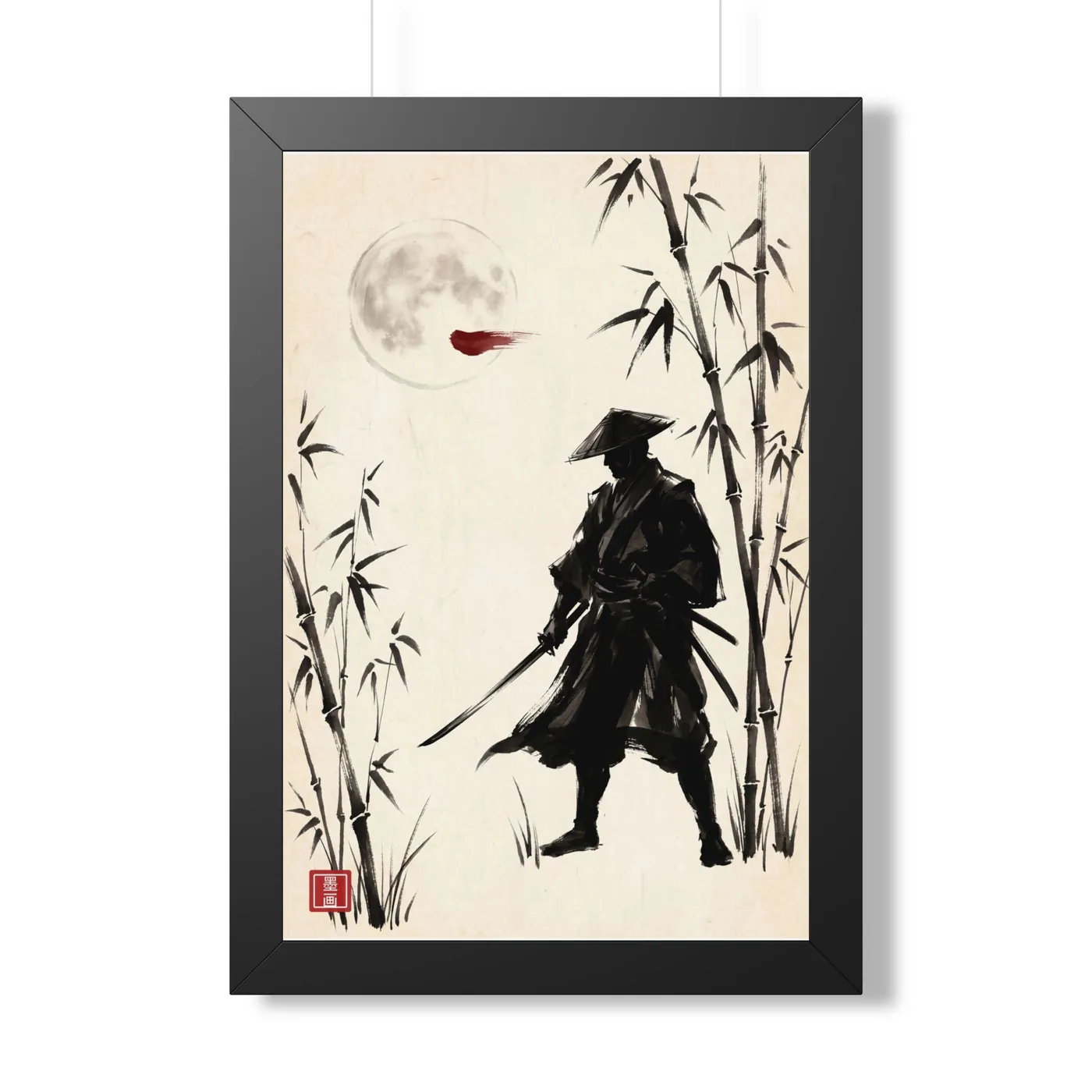Framed Japanese Wall Art | Samurai Moon Bamboo Sumi-e Ink Print | Black and White Zen Decor | A1 Ready Poster Print