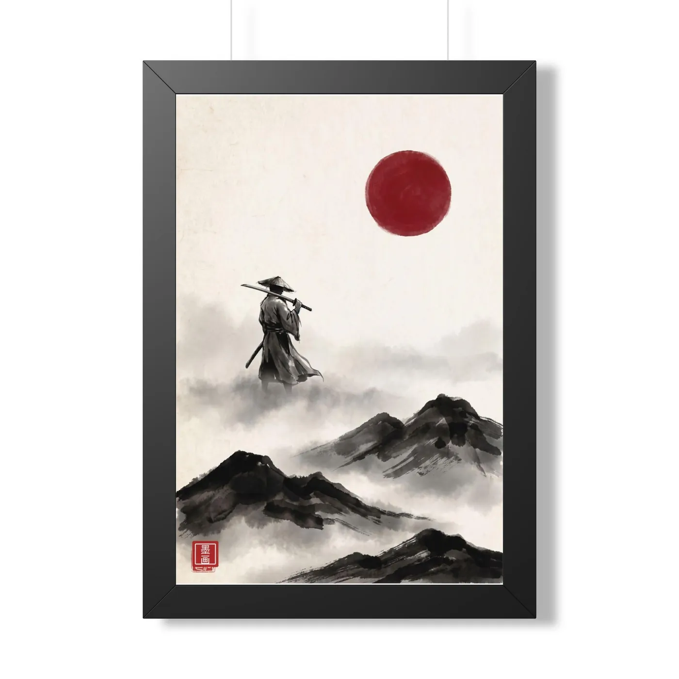 Framed Japanese Wall Art | Samurai Mountain Dawn Sumi-e Ink Print | Black and White Zen Decor | A1 Ready Poster Print