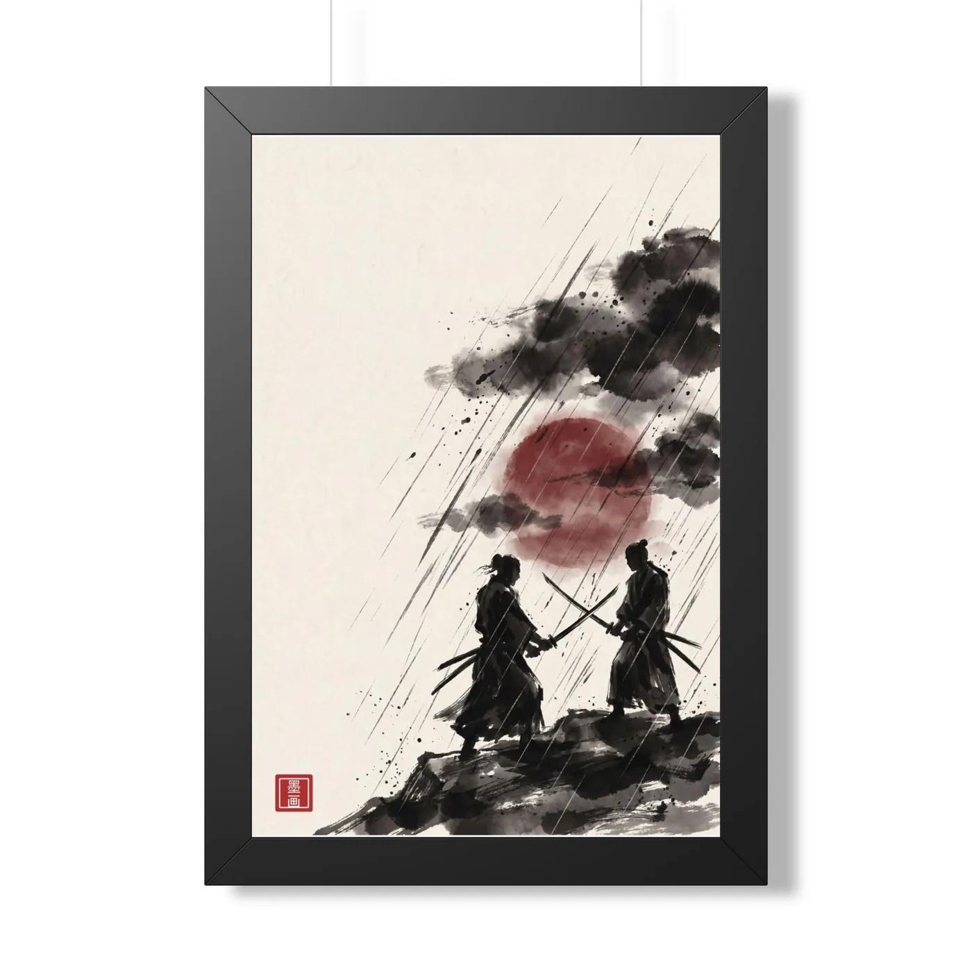 Framed Japanese Wall Art | Samurai Rain Duel Sumi-e Ink Print | Black and White Zen Decor | A1 Ready Poster Print
