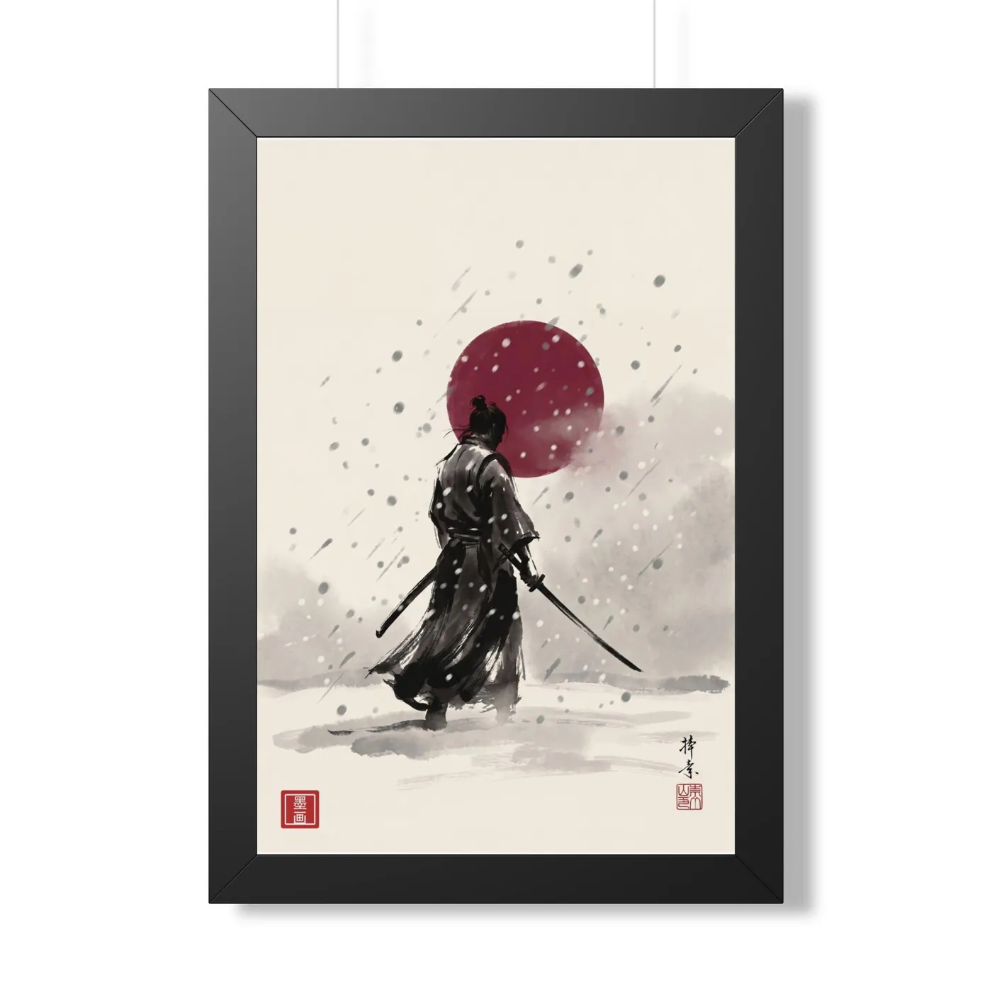 Framed Japanese Wall Art | Samurai Snow Lone Sumi-e Ink Print | Black and White Zen Decor | A1 Ready Poster Print