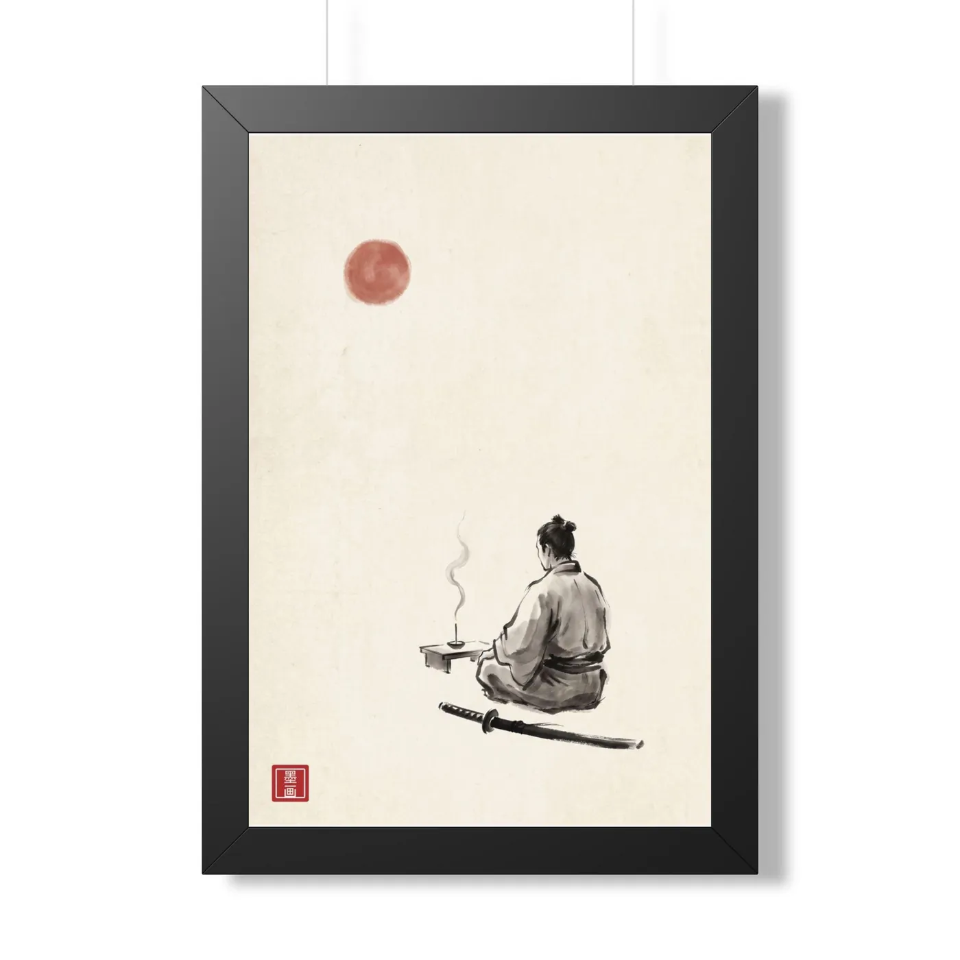 Framed Japanese Wall Art | Samurai Meditation Sumi-e Ink Print | Black and White Zen Decor | A1 Ready Poster Print