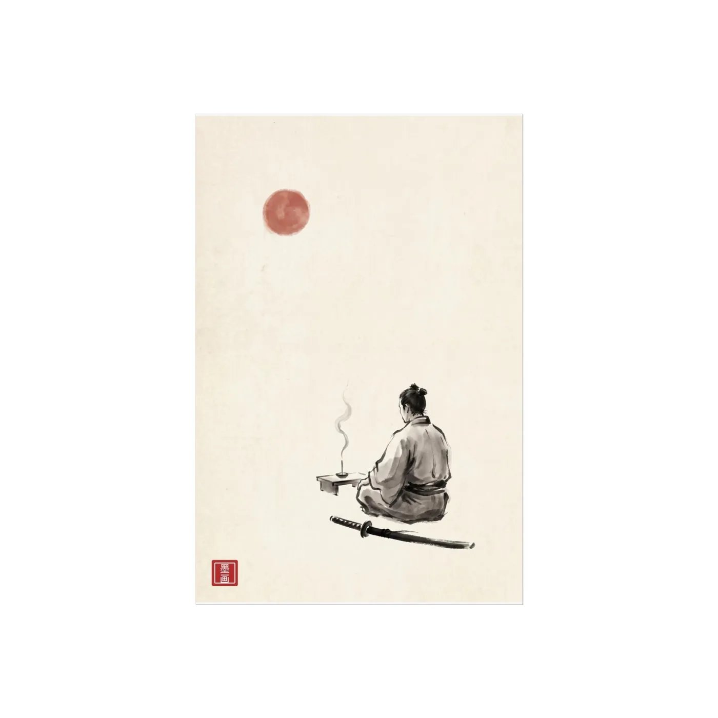 Samurai Wall Art | Meditation Sumi-e Ink Print | Black and White Zen Decor | A1 Ready Poster Print | Living Room Decor