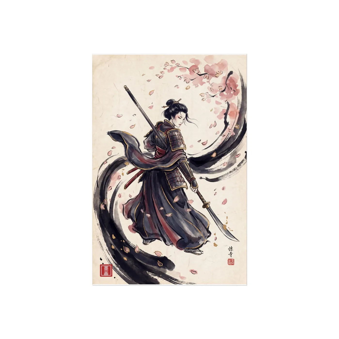 Japanese Wall Art | Onna bugeisha Sakura Sumi-e Ink Print | Black and White Zen Decor | A1 Ready Poster Print