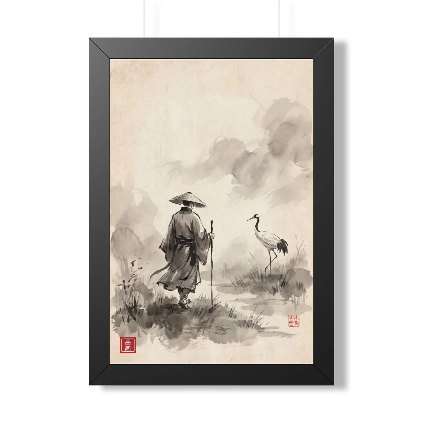Framed Japanese Wall Art | Samurai Crane Marsh Sumi-e Ink Print | Black and White Zen Decor | A1 Ready Poster Print
