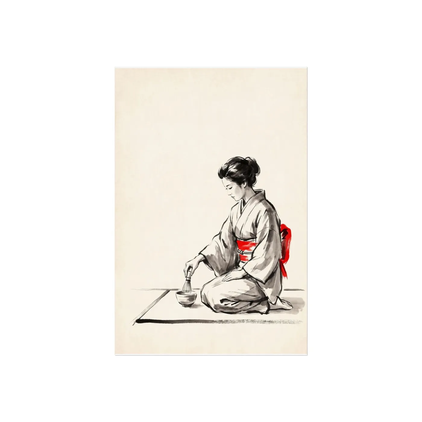 Japanese Wall Art | Woman Tea Ceremony Sumi-e Ink Print | Black and White Zen Decor | A1 Ready Poster Print