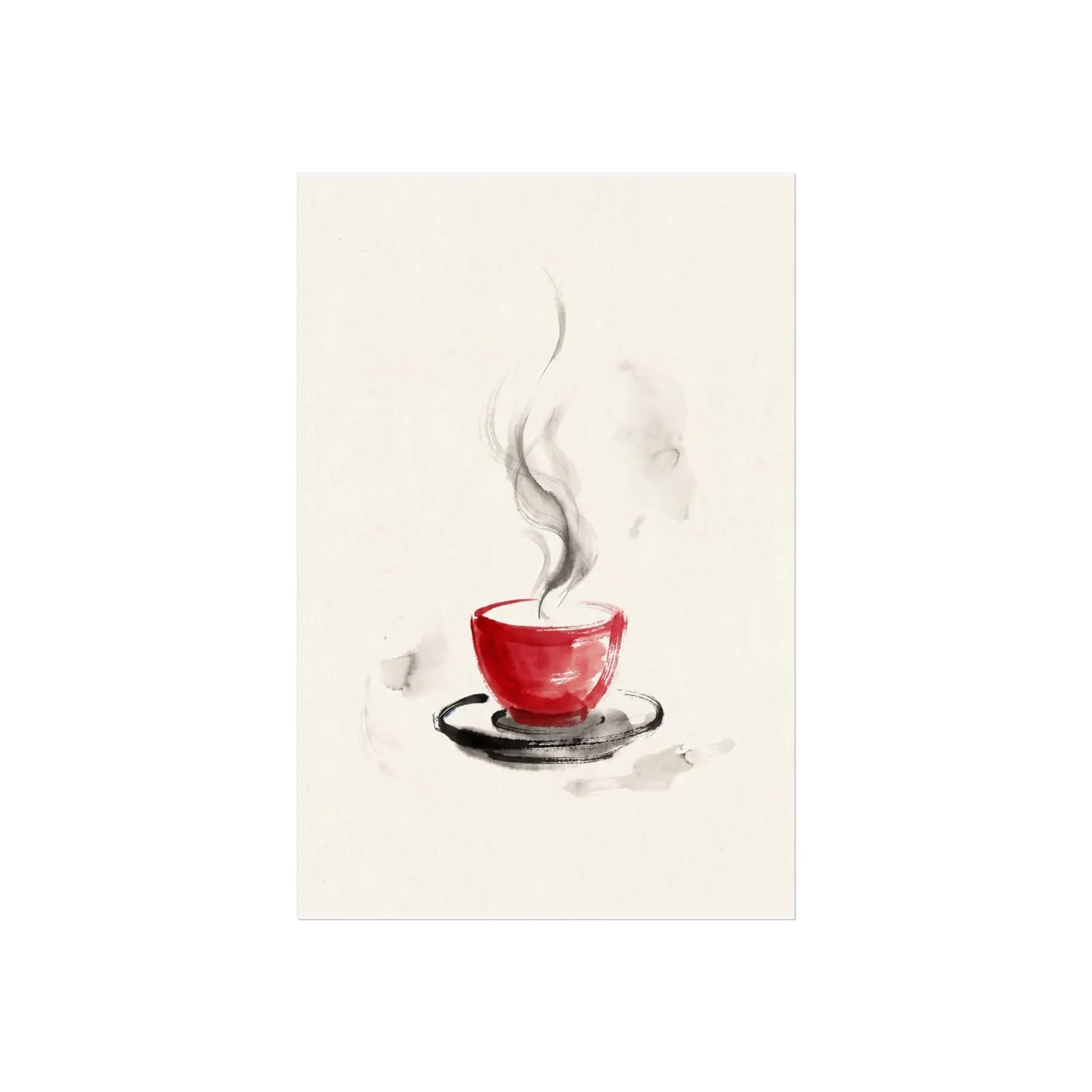 Japanese Wall Art | Red Cup Steam Tea Sumi-e Ink Print | Black and White Zen Decor | A1 Ready Poster Print