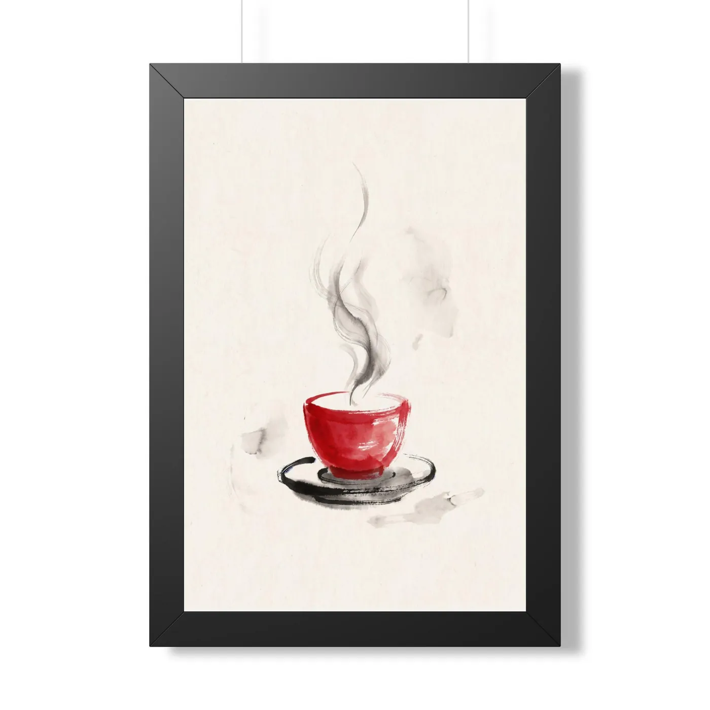 Framed Japanese Wall Art | Tea Ceremony Cup Steam Sumi-e Ink Print | Black and White Zen Decor | A1 Ready Poster Print
